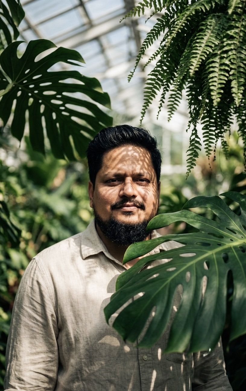 Hasan Kibria standing among green foliage