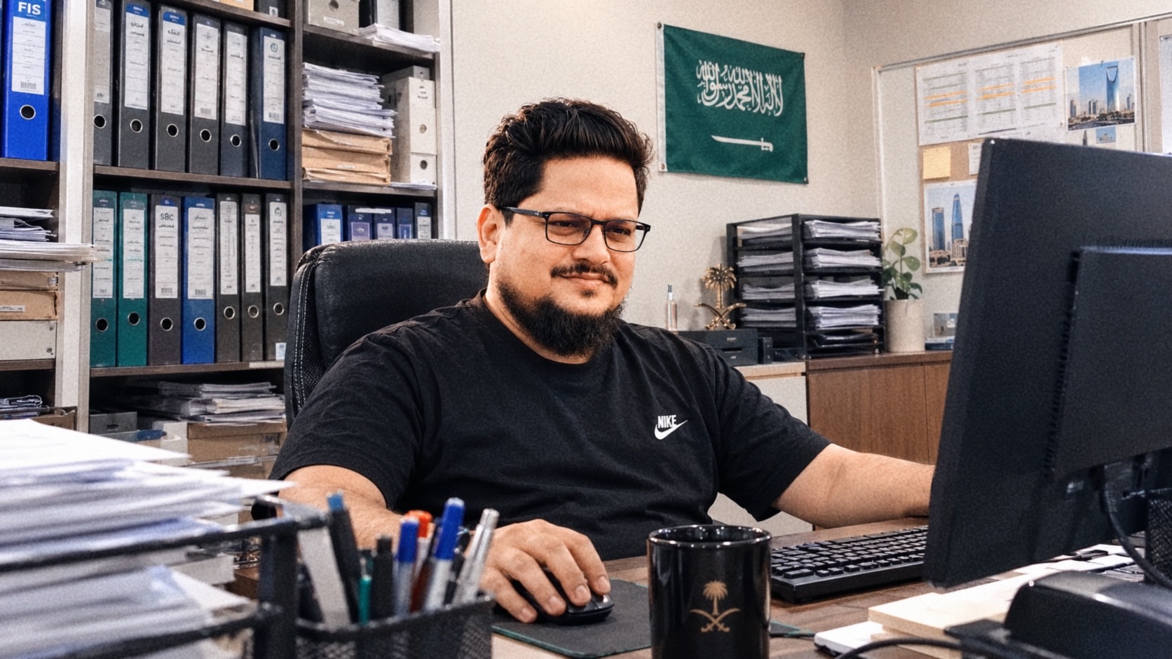 Hasan Kibria at his office desk surrounded by files