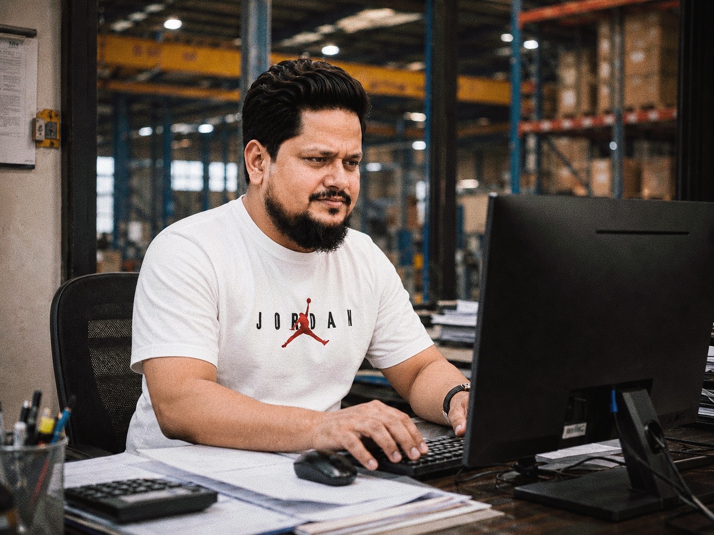 Hasan Kibria working at an operations desk inside the warehouse