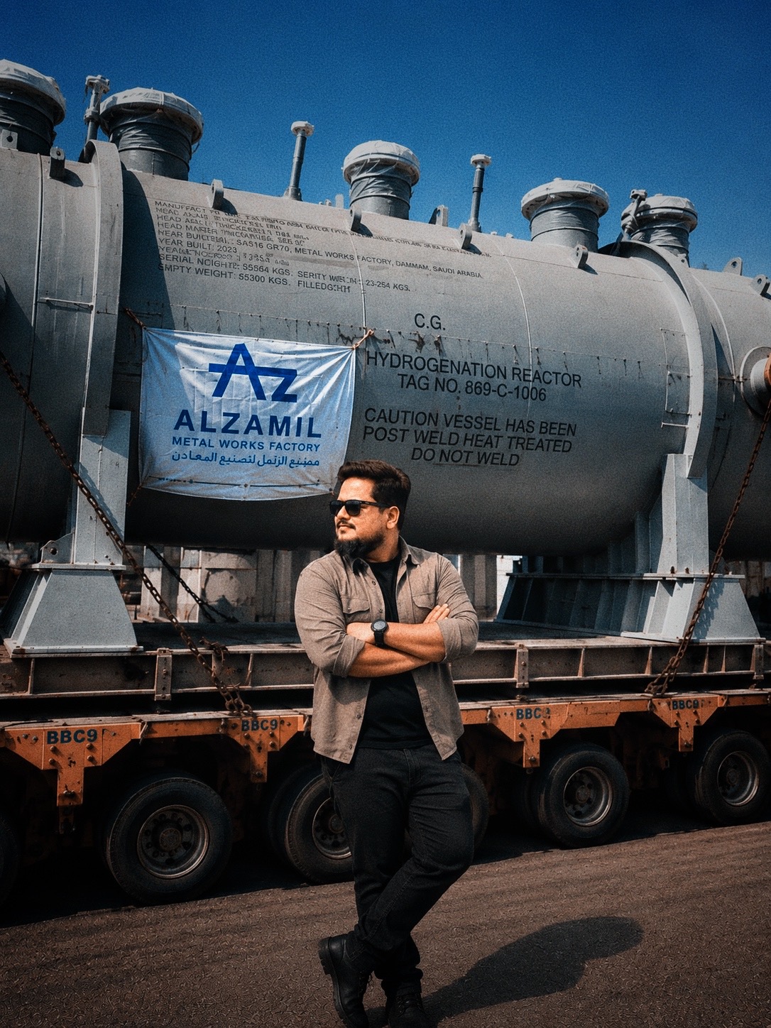 Hasan Kibria in front of a pressure vessel loaded for transport