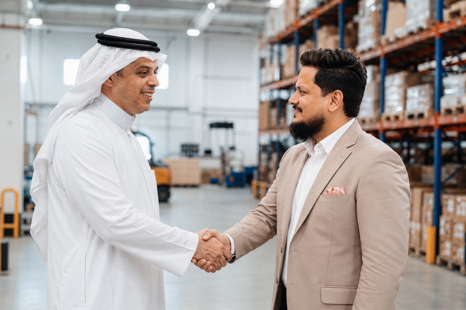 Hasan Kibria shaking hands with a client in the warehouse