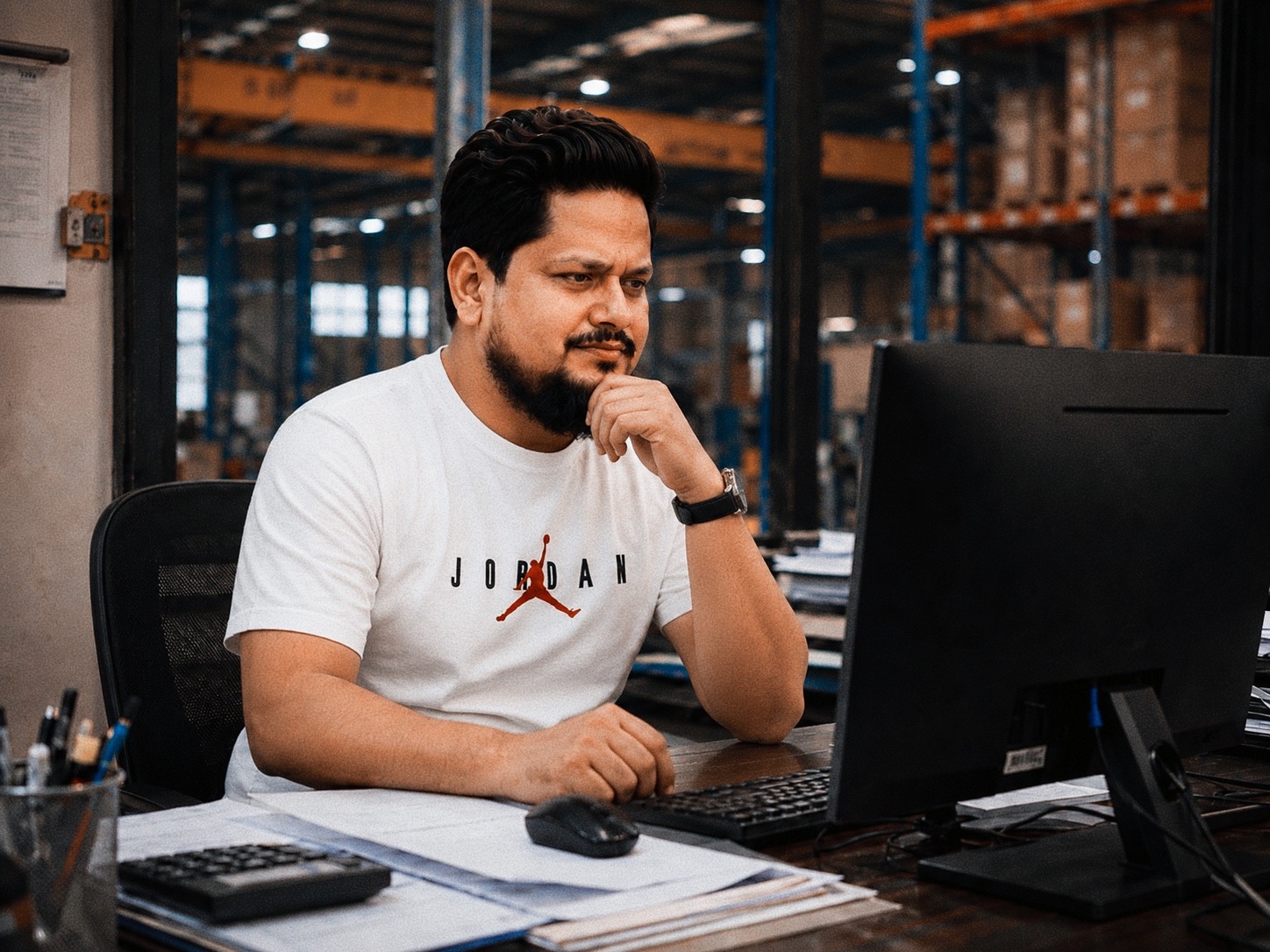Hasan Kibria reviewing shift numbers at his desk