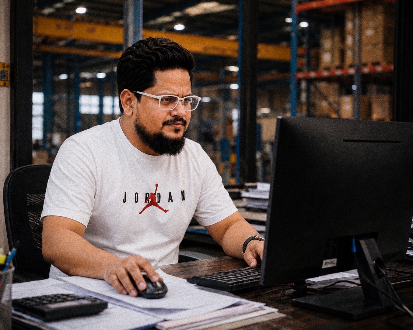 Hasan Kibria checking inventory records on a computer