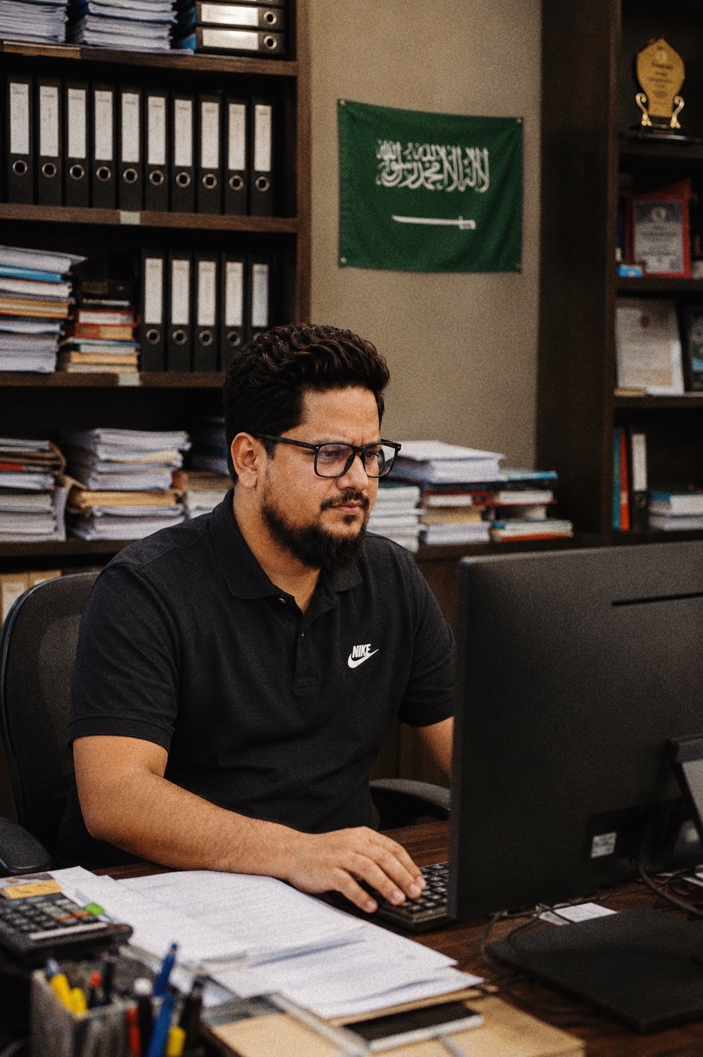 Hasan Kibria reading technical drawings in the plant