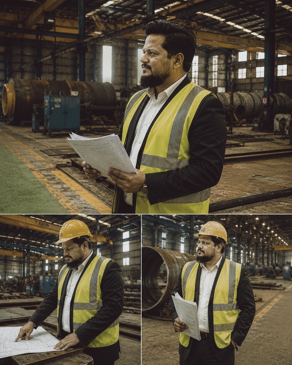 Hasan Kibria walking the plant floor with drawings in hand
