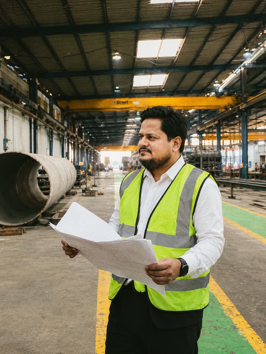 Hasan Kibria standing in a fabrication bay holding documents