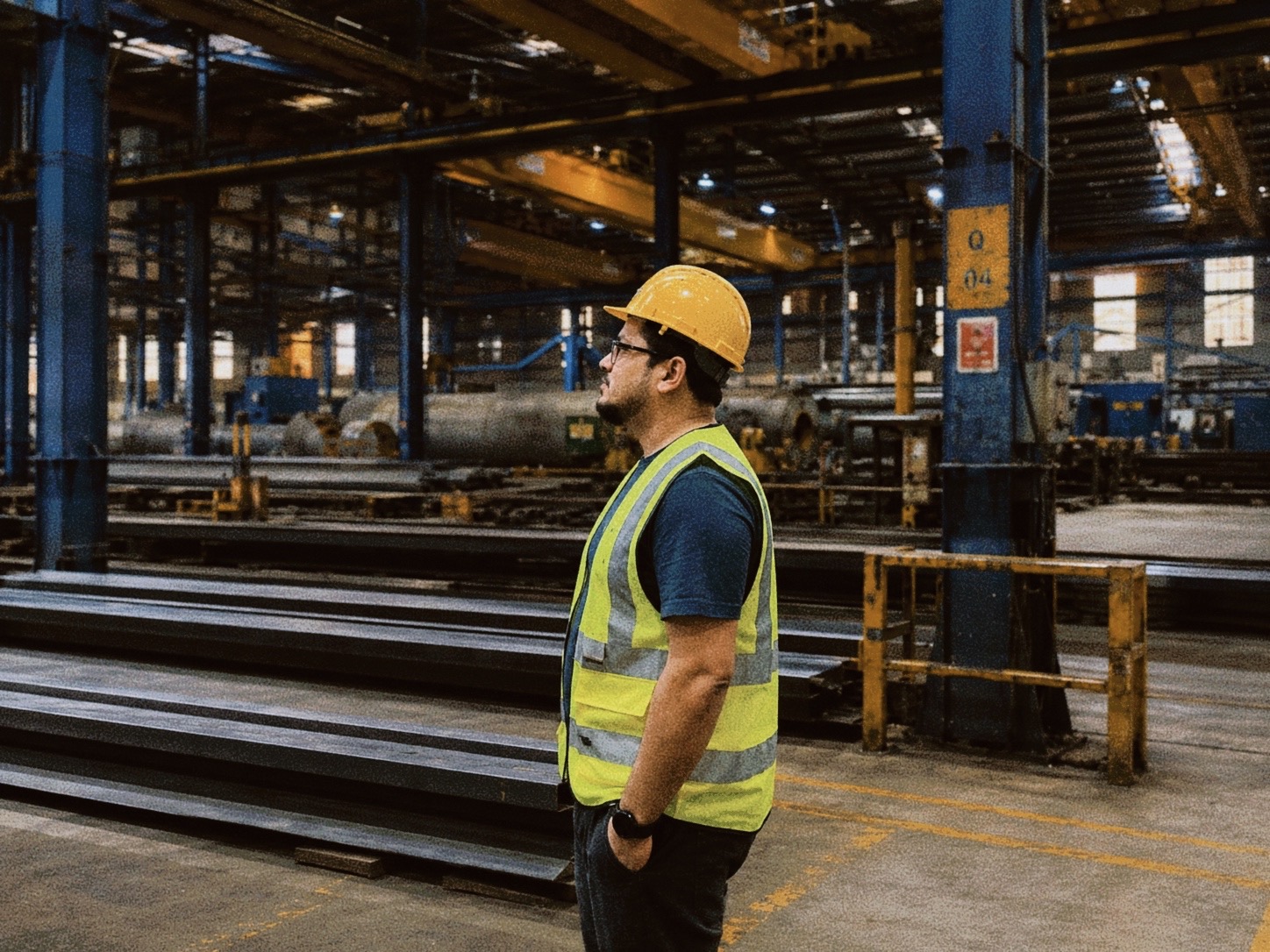 Hasan Kibria inspecting steel stock in the material yard